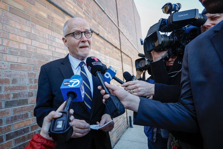 Chicago mayoral candidate and former Chicago Public Schools CEO Paul Vallas speaks to the media member after casting his ballot on Feb. 28, 2023.