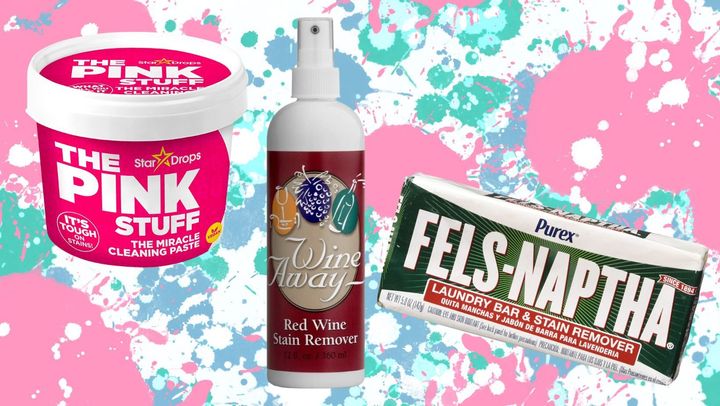 The Pink Stuff's multi-purpose cleaning paste, a red wine stain remover and the Fels-Naptha laundry bar.