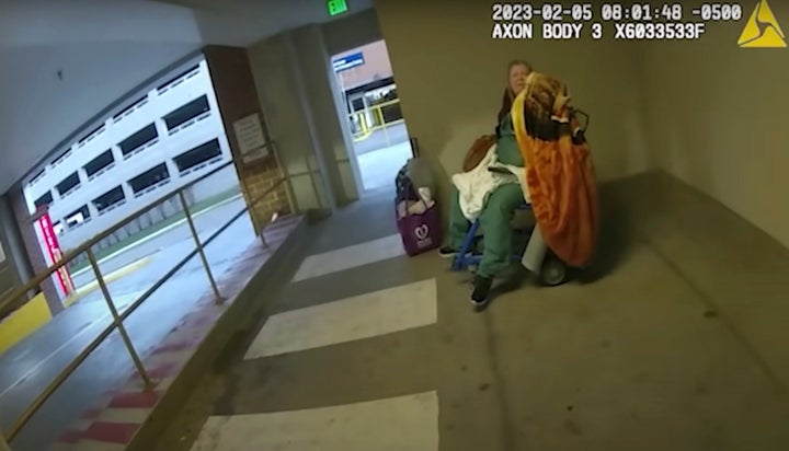 This image provided by the Knoxville Police Department shows police video footage from the Feb. 5, 2023, arrest of Lisa Edwards, who later died at Fort Sanders Regional Medical Center in Knoxville, Tenn.