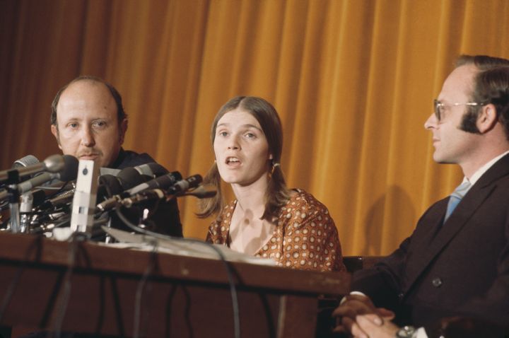 Manson family member Linda Kasabian, who was a star witness in the Sharon Tate and LaBianca murder trial, at a 1970 press conference in Los Angeles.