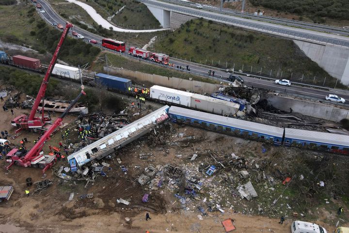 Debris of trains lie on the rail lines after a collision in Tempe, about 376 kilometres (235 miles) north of Athens, near Larissa city, Greece, on March 1, 2023.