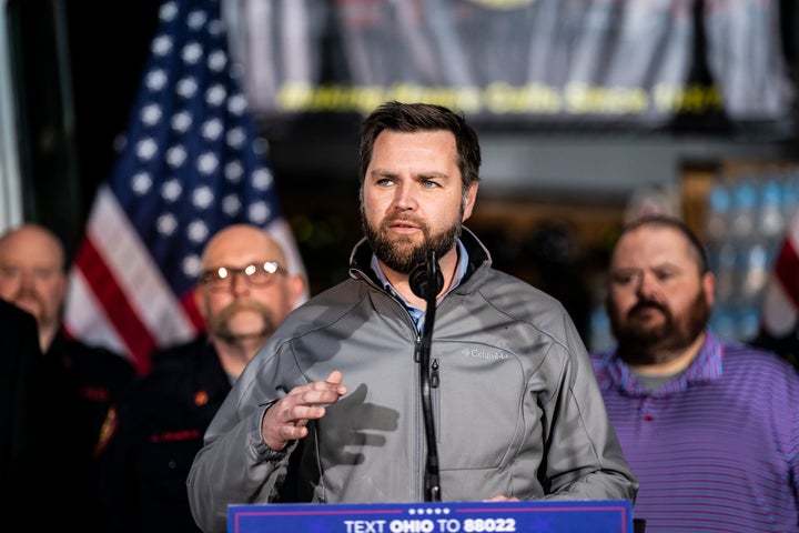 Sen. J.D. Vance (R-Ohio) speaks at East Palestine Fire Department during a visit to East Palestine, Ohio, following the Feb. 3 Norfolk Southern freight train derailment on Feb. 22.