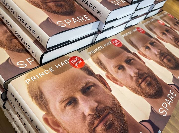 Prince Harry's book on display in a book store on Jan. 22, in Bath, England. The duke's highly-anticipated memoir "Spare" officially went on sale on Jan. 10. 