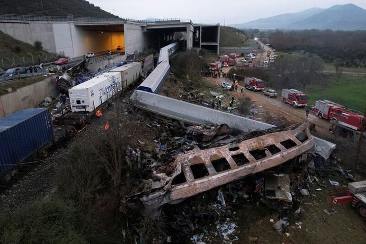 Rescue crews operate at the site of a crash, where two trains collided, near the city of Larissa, Greece, March 1, 2023. REUTERS/Alexandros Avramidis