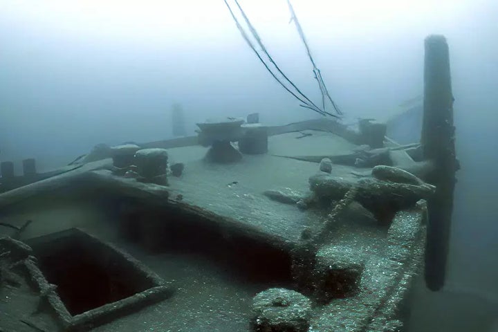 In this image taken from video provided by the Thunder Bay National Marine Sanctuary, the bow of the Ironton is seen in Lake Huron off Michigan's east coast in a June 2021 photo.