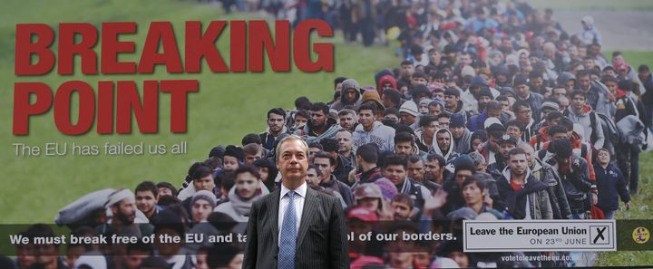 Nigel Farage poses during the launch of a national poster campaign urging voters to vote to leave the EU ahead of the EU referendum, in London on June 16, 2016.