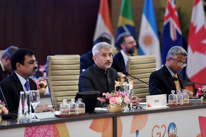 Indian External Affairs Minister Subrahmanyam Jaishankar, center, speaks during the G20 foreign ministers' meeting in New Delhi Thursday, March 2, 2023. (Olivier Douliery/Pool Photo via AP)