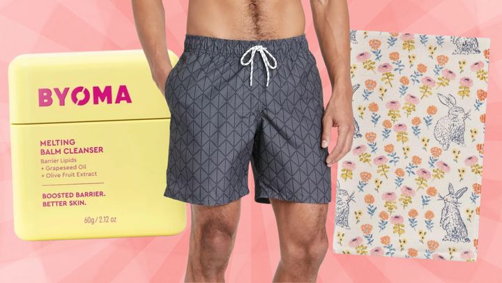 Byoma's melting balm cleanser, Men's Goodfellow & Co geometric print swim trunks and a Threshold floral bunny hand towel