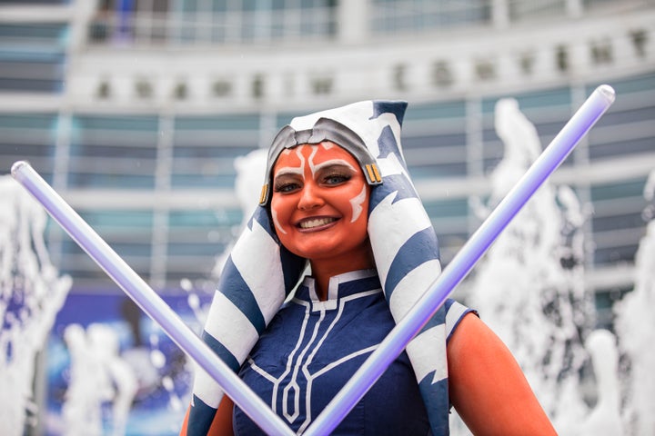Star Wars cosplayer Hannah Gootzeit as Ahsoka Tano poses for photos outside Disney's D23 Convention in September.