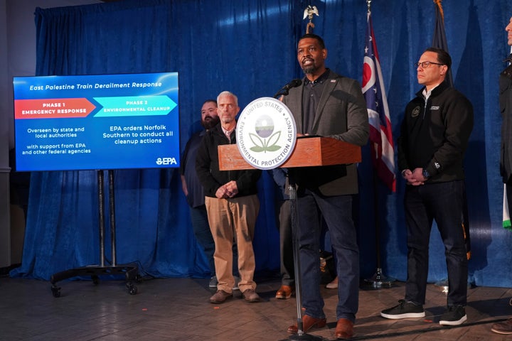 Environmental Protection Agency Administrator Michael Regan speaks during a news conference in East Palestine, Ohio, on Feb. 21, 2023. 