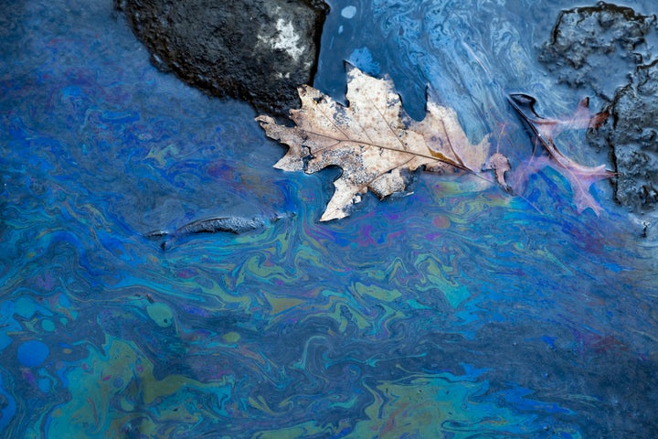 Toxic chemicals float on the surface of Leslie Run creek on Feb. 25, 2023, in East Palestine, Ohio. 