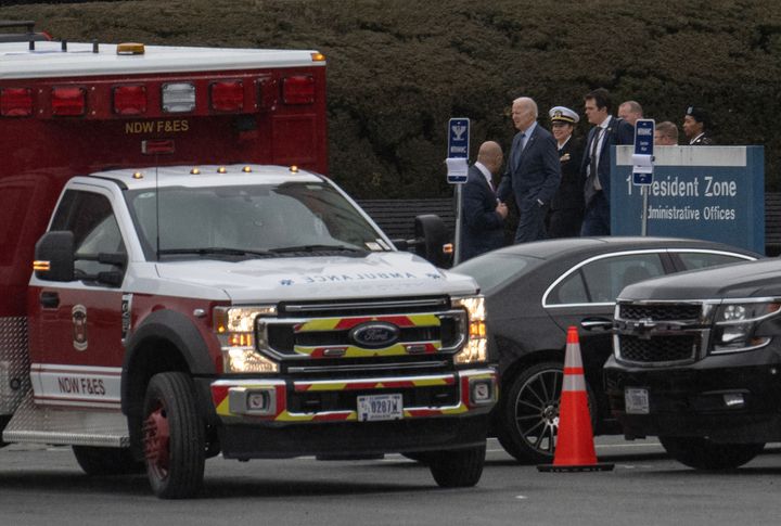 US President Joe Biden leaves Walter Reed National Military Medical Center in Bethesda, Maryland, on February 16, 2023. - Biden, at 80 the oldest man ever to be US president, spent the morning completing an annual medical checkup that political allies hope will give him the all clear to run for a second term in 2024. (Photo by Andrew Caballero-Reynolds / AFP) (Photo by ANDREW CABALLERO-REYNOLDS/AFP via Getty Images)