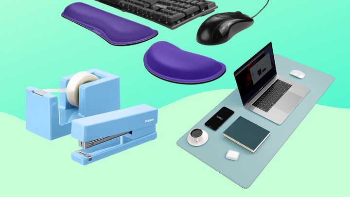 The Container Store's stapler and tape dispenser, a foam wrist pad and a desk pad.