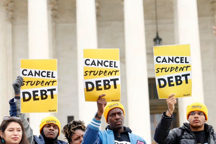 Borrowers and student loan advocates rally during Supreme Court arguments over the White House student loan relief plan.