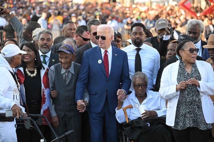 President Joe Biden prepares to cross the Edmund Pettus Bridge in Selma, Alabama, on March 5, 2023, to mark the 58th anniversary of Bloody Sunday. More than 600 civil rights demonstrators were beaten by white police officers as they tried to cross the bridge during a 54-mile march from Selma to Montgomery, on March 7, 1965.