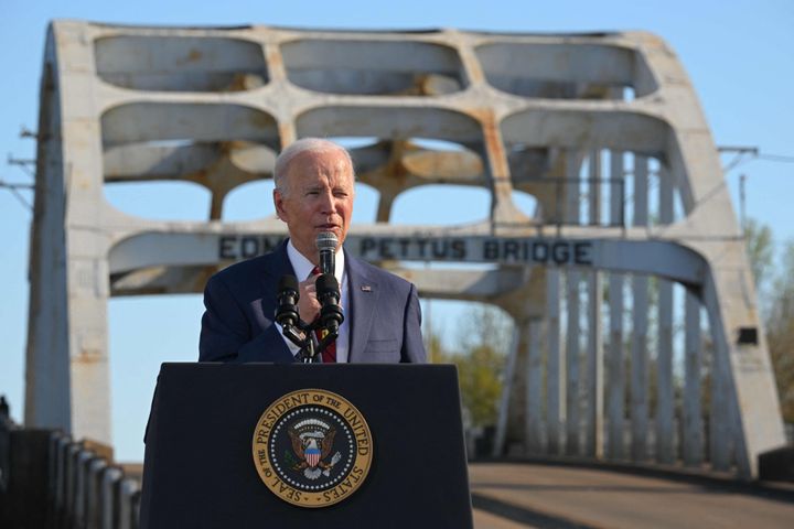 President Joe Biden delivers remarks to mark the 58th anniversary of Bloody Sunday, at the Edmund Pettus Bridge in Selma, Alabama, on March 5, 2023. More than 600 civil rights demonstrators were beaten by white police officers as they tried to cross the bridge during a 54-mile march from Selma to Montgomery, on March 7, 1965.