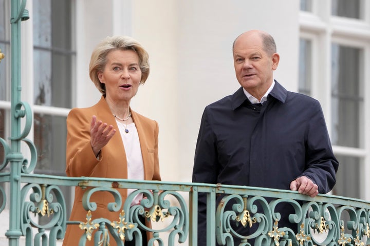 German Chancellor Olaf Scholz, right, welcomes European Commission President Ursula von der Leyen, left, for a meeting as part of a two-day closed meeting of the German government at Meseberg palace in Gransee near Berlin on March 5.