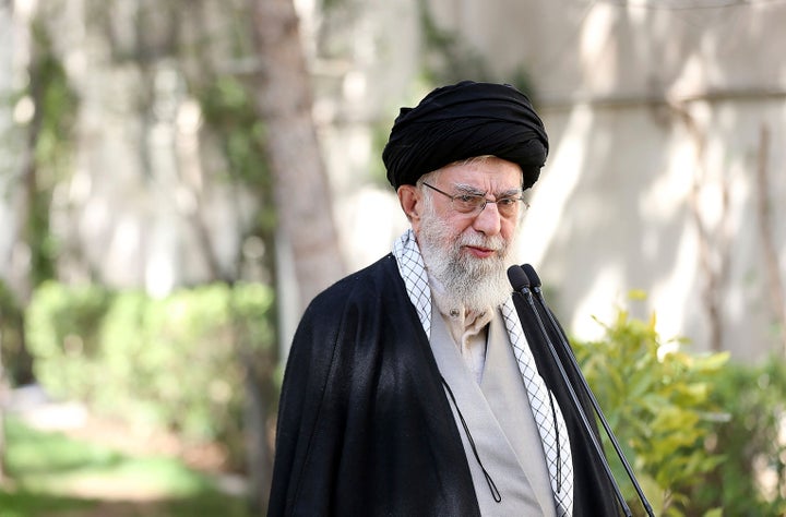 In this picture released by the official website of the office of the Iranian supreme leader, Supreme Leader Ayatollah Ali Khamenei speaks after planting a tree marking National Tree Planting Day, at the courtyard of his office in Tehran, Iran, on March 6, 2023.