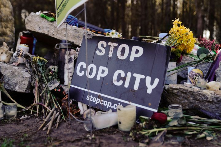 A makeshift memorial for environmental activist Manuel Teran, who was fatally shot by law enforcement during a raid to clear the construction site of a police training facility that activists have nicknamed "Cop City."