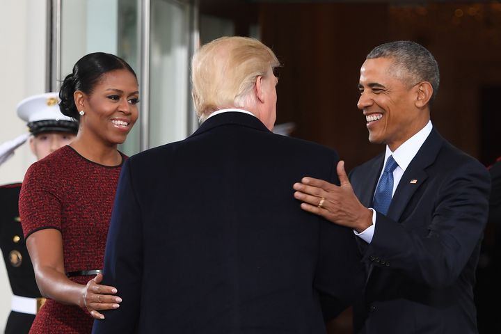 President-elect Donald Trump (center) is greeted by President Barack Obama and first lady Michelle Obama (left) as he arrives at the White House on Jan. 20, 2017.