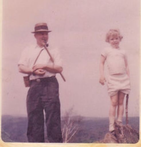 The author and her dad on a hilltop near Hanover, New Hampshire, in 1956.
