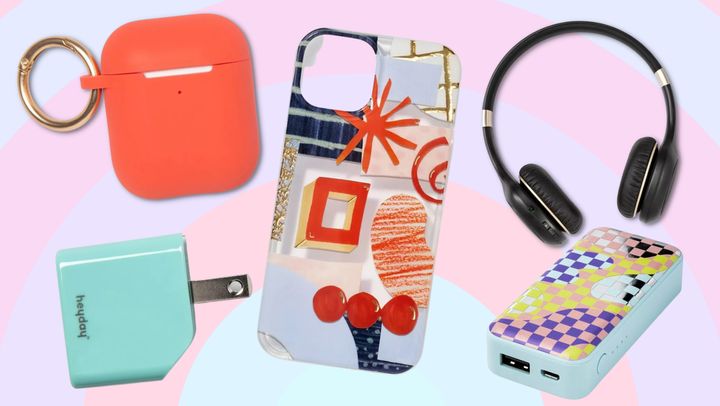 A gel silicone case for AirPods, a single port wall charger, an iPhone case designed by Aliyah Salmon, wireless headphones and a checkered power bank