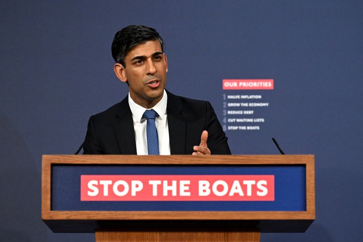 Prime minister Rishi Sunak speaks during a press conference following the launch of new legislation on migrant channel crossings at Downing Street.