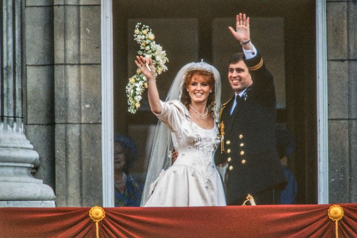 The just-married Sarah, Duchess of York, and Prince Andrew, Duke of York, on the balcony of Buckingham Palace on July 23, 1986.