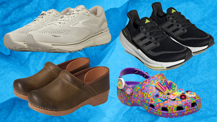 Clockwise from left: Brooks Ghost 15, Adidas Ultraboost sneakers, Dansko clogs and Lisa Frank Crocs.