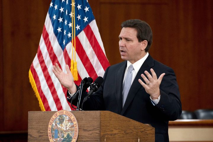 Florida Gov. Ron DeSantis answers questions from the media following his State of the State address during a joint session of the Senate and House of Representatives, March 7, 2023, at the Capitol in Tallahassee, Florida.