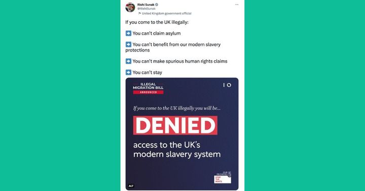 Tweet that suggests “if you come to the UK illegally you will be DENIED access to the UK’s modern slavery system”.