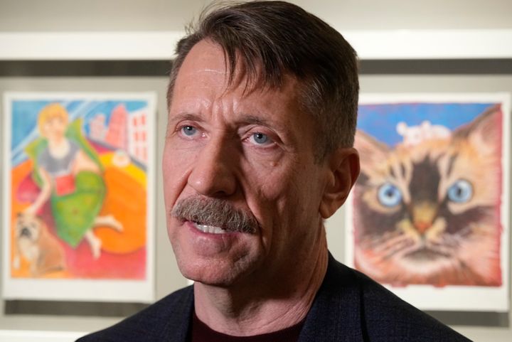 Viktor Bout speaks to the media prior to an opening ceremony for his artwork exhibition at the Mosfilm studio in Moscow.