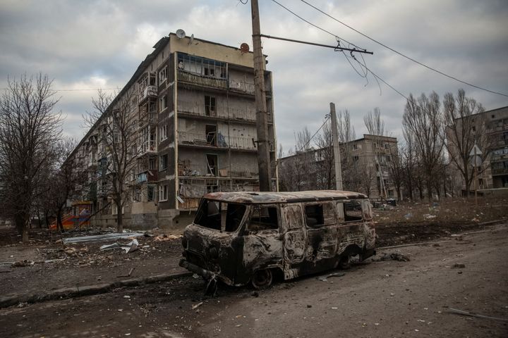 A general view shows an empty street and buildings damaged by a Russian military strike, as Russia's attack on Ukraine continues, in the front line city of Bakhmut, Ukraine.