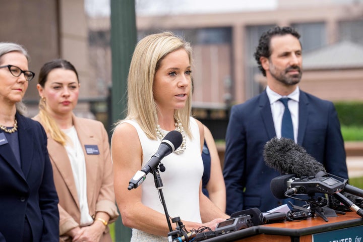 Amanda Zurawski, one of the plaintiffs, speaks outside the Texas Capitol on Tuesday.