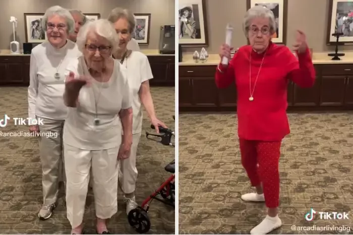 Residents of Arcadia Senior Living Bowling Green doing a recreation of Rihanna’s Super Bowl performance.