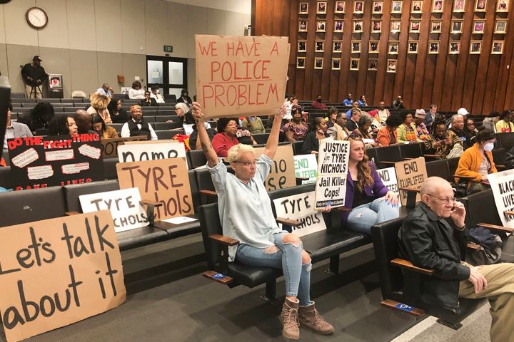 Protesters at a Memphis City Council meeting on Feb. 7 keep Tyre Nichols' name before the city officials.