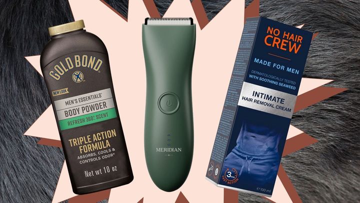 A triple-action baby powder for men, personal hair trimmer from Meridian Grooming and hair-removal cream.