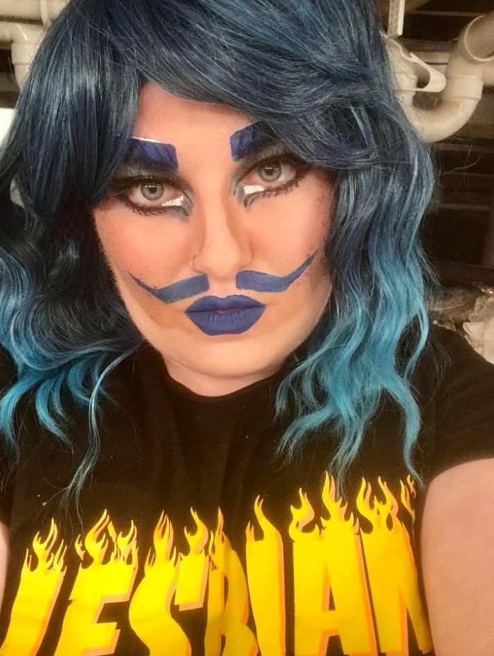 The author wearing drag makeup.