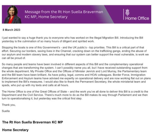 Suella Braverman's email to Home Office staff