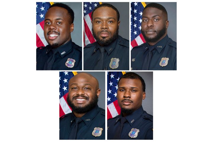 FILE - This combination of images provided by the Memphis, Tenn., Police Department shows, from top row from left, Police Officers Tadarrius Bean, Demetrius Haley, Emmitt Martin III, bottom row from left, Desmond Mills, Jr. and Justin Smith. The Justice Department announced Wednesday, March 8, 2023, that it will review the Memphis Police Department policies on use of force, de-escalation policies and specialized units in response to the fatal beating of Tyre Nichols during an arrest. (Memphis Police Department via AP, File)