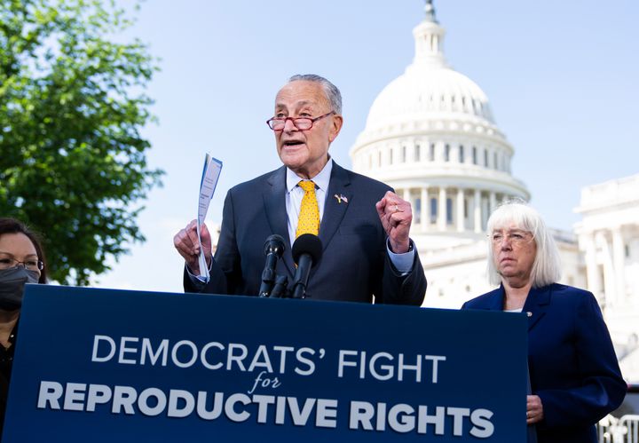 Senate Democrats conduct a news conference outside the U.S. Capitol to voice support for abortion rights on May 19, 2022.