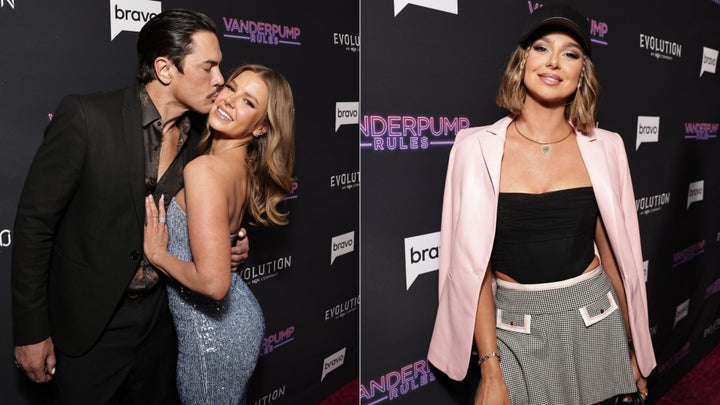 Tom Sandoval and Ariana Madix at the Season 10 "Vanderpump Rules" premiere in February. Pictured to the right, co-star and alleged affair partner Raquel Leviss at the premiere.