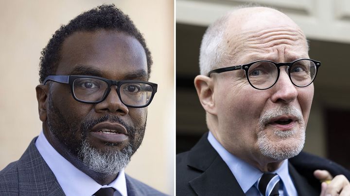 The two mayoral candidates competing in the runoff ― Cook County Commissioner Brandon Johnson (left) and former Chicago Public Schools CEO Paul Vallas ― campaign in Chicago in February.