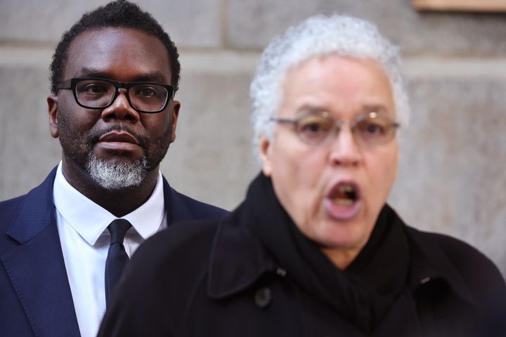 Cook County Board President Toni Preckwinkle announces her support for Brandon Johnson (left) during a press conference outside of Chicago City Hall on Tuesday.