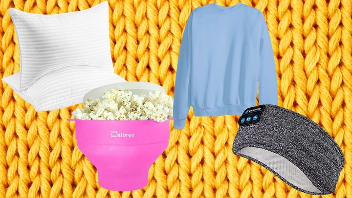 A pair of cooling "hotel" pillows, a microwaveable popcorn popper, a classic Hanes sweatshirt and a pair of sleep headphones.
