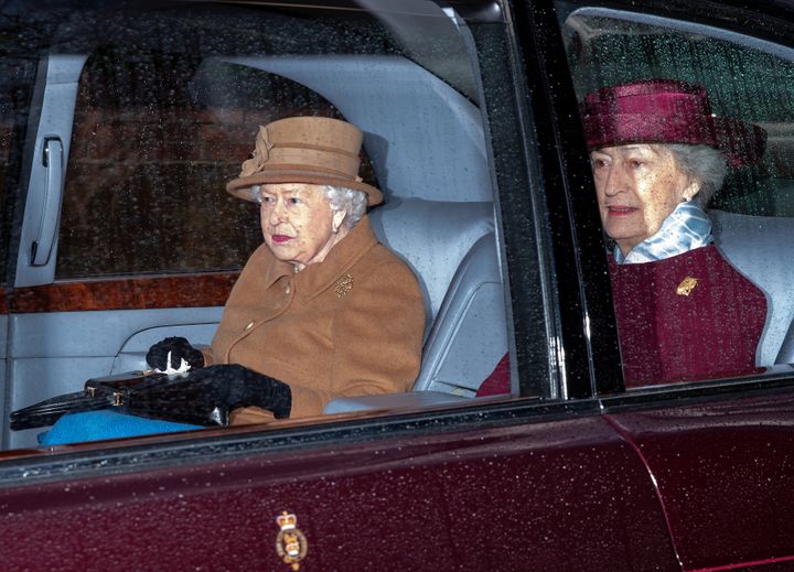 Queen Elizabeth II, accompanied by her lady-in-waiting Lady Susan Hussey, departs after attending Sunday service at the Church of St Mary Magdalene on the Sandringham estate on Jan. 12, 2020, in King's Lynn, England.