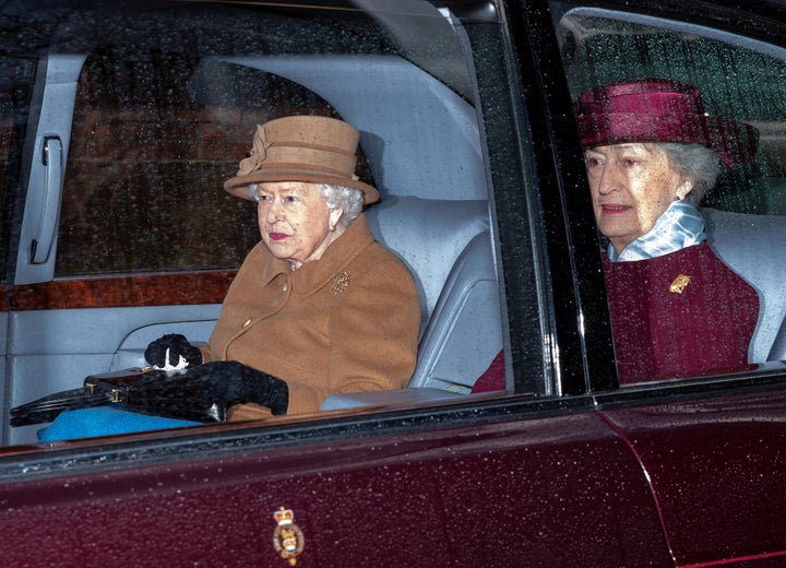 Queen Elizabeth II, accompanied by her lady-in-waiting Lady Susan Hussey, departs after attending Sunday service at the Church of St Mary Magdalene on the Sandringham estate on January 12, 2020, in King's Lynn, England.