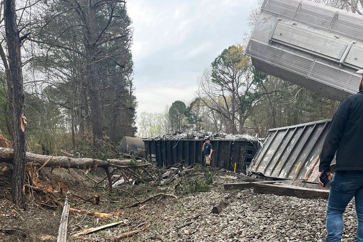 This photo provided by the Calhoun County Sheriff's Office shows a Norfolk Southern train after derailing on Thursday in Calhoun County, Alabama.