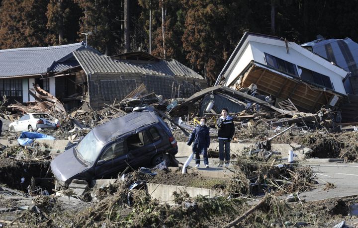 津波に襲われ、倒壊した家屋（2011年3月12日、福島県南相馬市）
