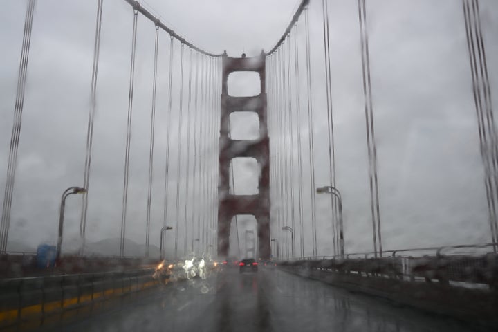 Cars commute on Golden Gate Bridge during heavy rain in San Francisco, California on March 9, 2023, as atmospheric river storms hit California of United States.
